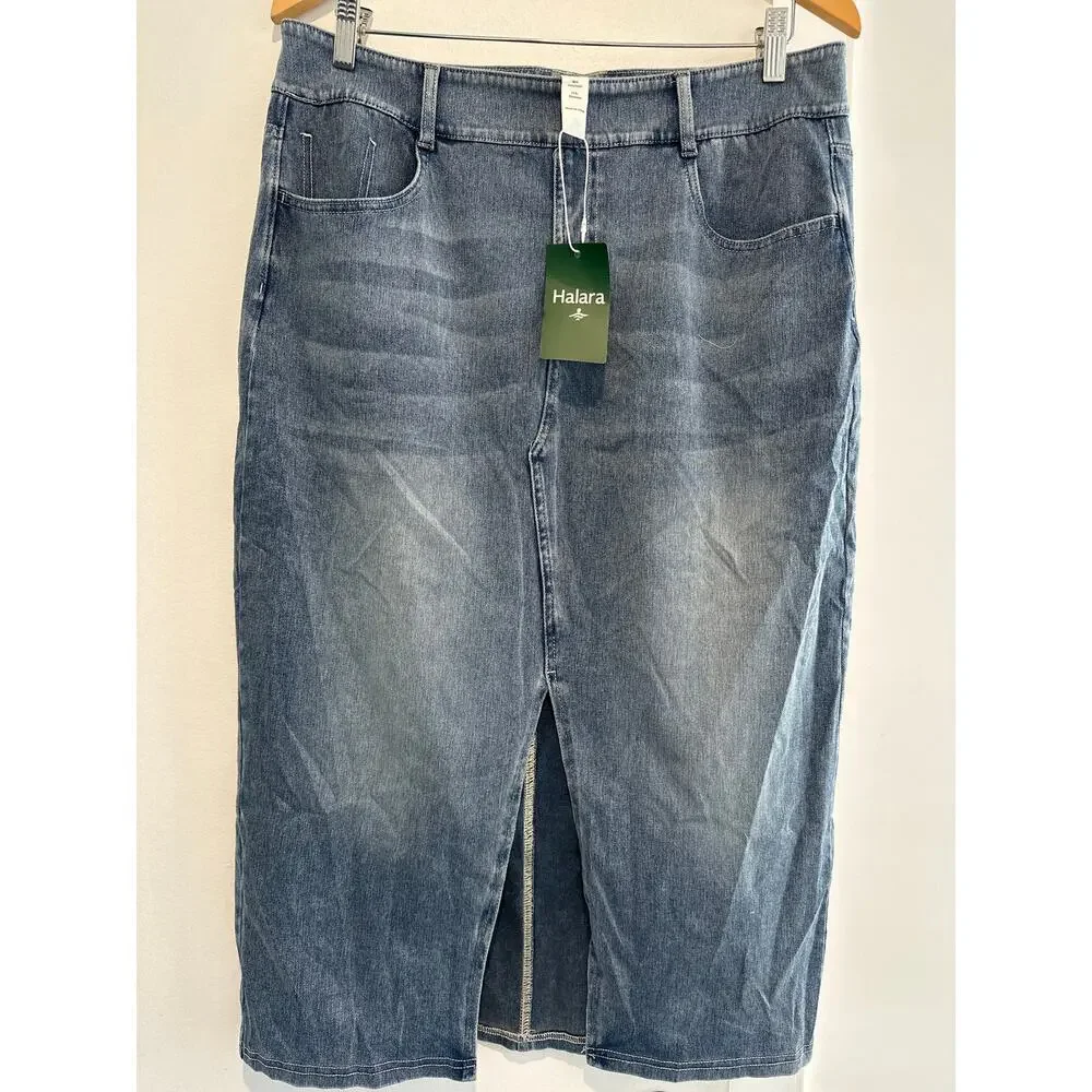 Halara Flex™ High Waisted Skirt Pockets Bodycon Washed Denim Casual Midi NWT XL